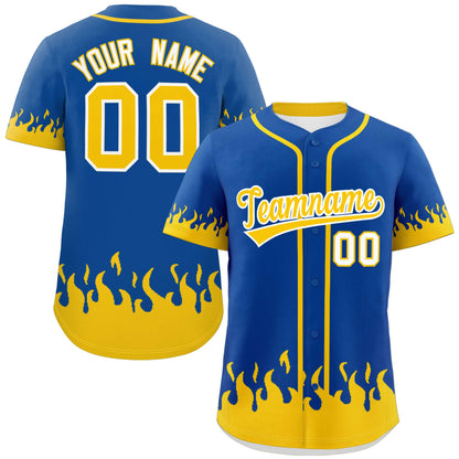 Custom Royal Gold Personalized Flame Graffiti Pattern Authentic Baseball Jersey