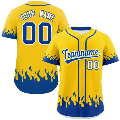 Custom Gold Royal Personalized Flame Graffiti Pattern Authentic Baseball Jersey