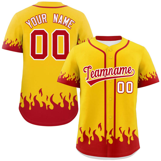 Custom Gold Red Personalized Flame Graffiti Pattern Authentic Baseball Jersey