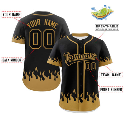 Custom Black Old Gold Personalized Flame Graffiti Pattern Authentic Baseball Jersey