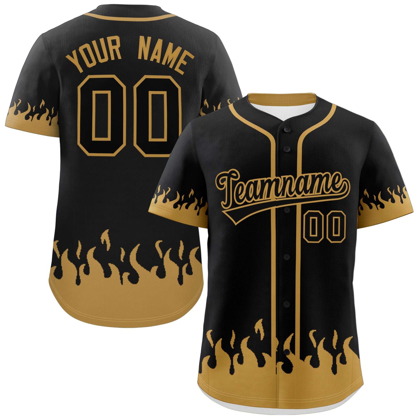 Custom Black Old Gold Personalized Flame Graffiti Pattern Authentic Baseball Jersey