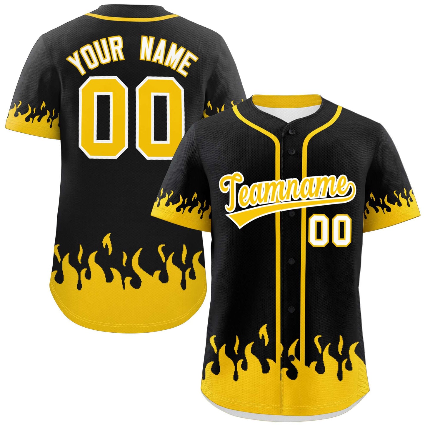 Custom Black Gold Personalized Flame Graffiti Pattern Authentic Baseball Jersey