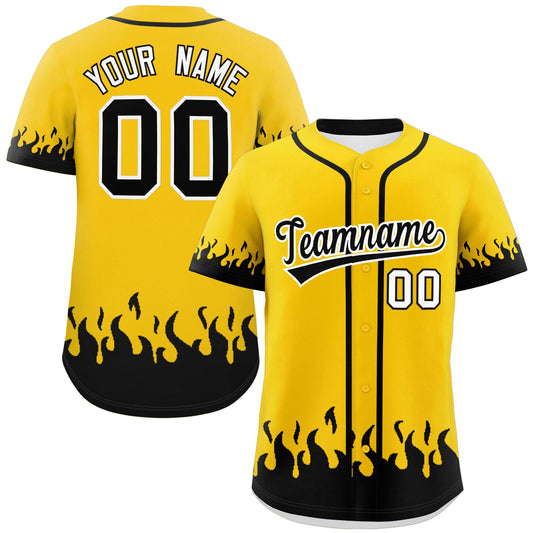 Custom Gold Black Personalized Flame Graffiti Pattern Authentic Baseball Jersey