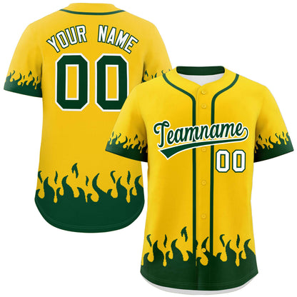 Custom Gold Green Personalized Flame Graffiti Pattern Authentic Baseball Jersey