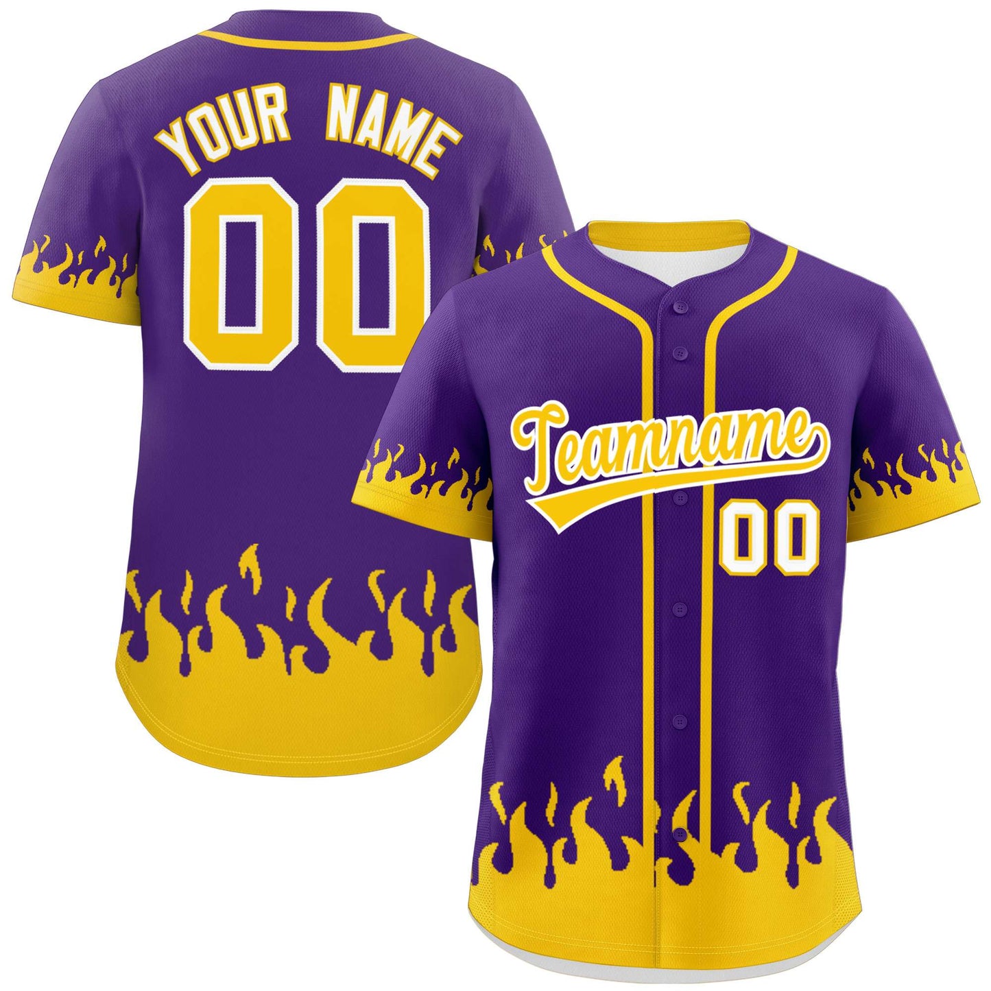 Custom Purple Gold Personalized Flame Graffiti Pattern Authentic Baseball Jersey