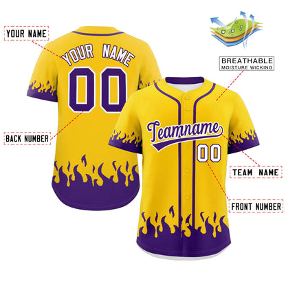 Custom Gold Purple Personalized Flame Graffiti Pattern Authentic Baseball Jersey