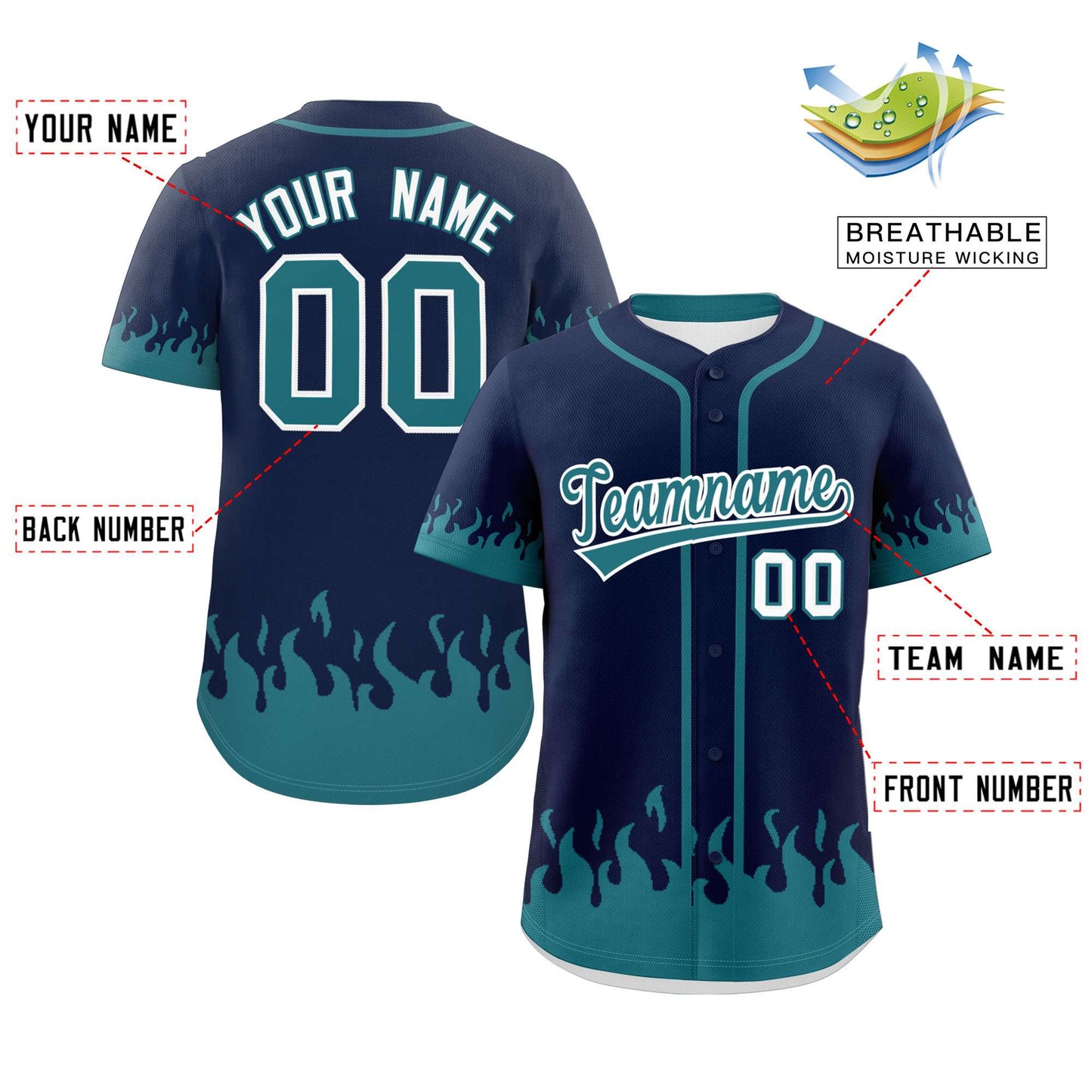 Custom Navy Aqua Personalized Flame Graffiti Pattern Authentic Baseball Jersey