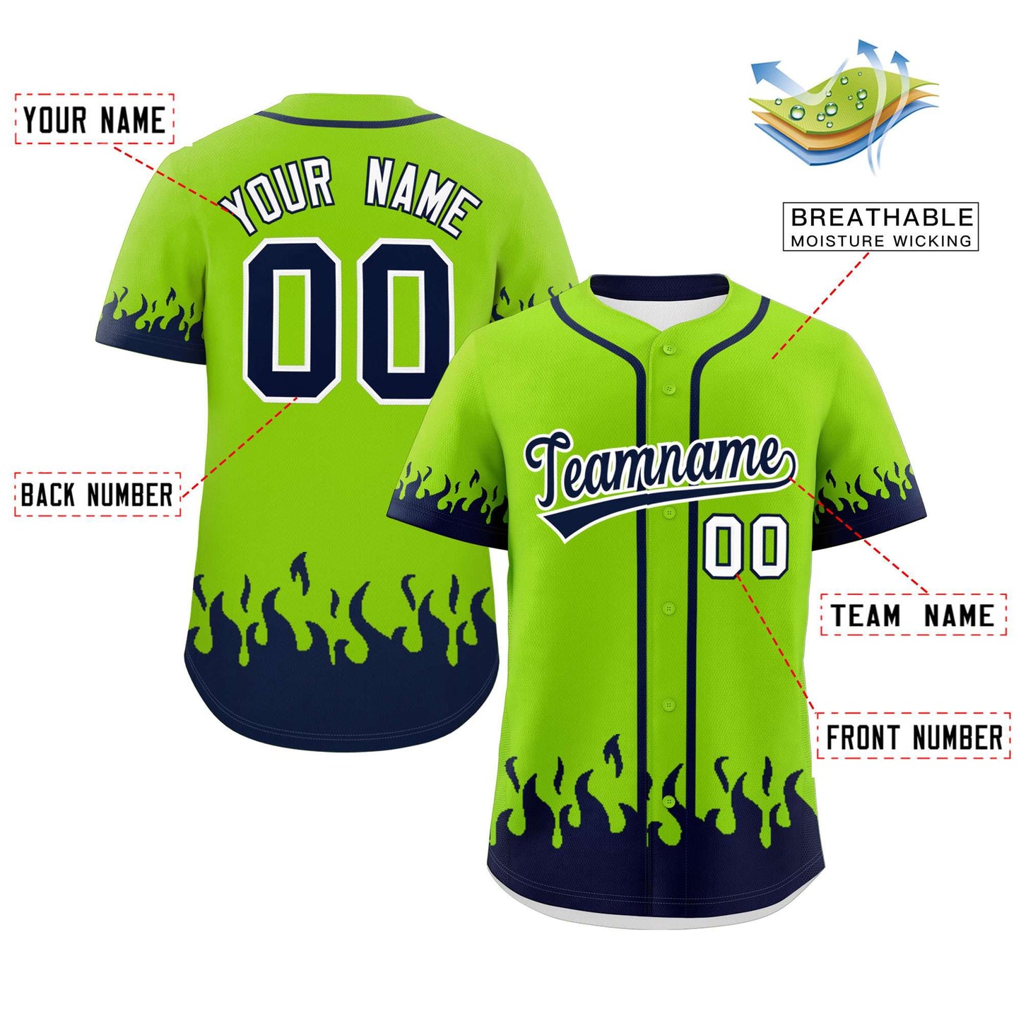 Custom Neon Green Navy Personalized Flame Graffiti Pattern Authentic Baseball Jersey