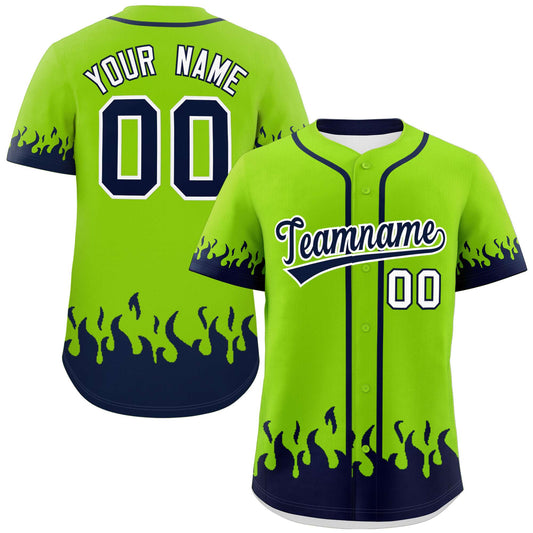 Custom Neon Green Navy Personalized Flame Graffiti Pattern Authentic Baseball Jersey