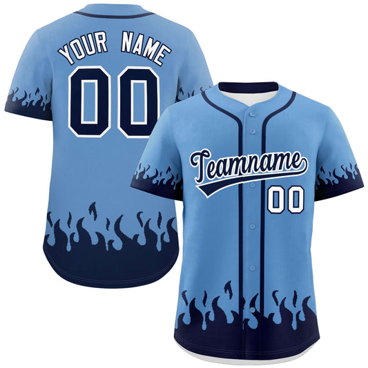 Custom Light Blue Navy Personalized Flame Graffiti Pattern Authentic Baseball Jersey