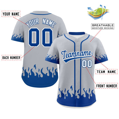 Custom Gray Royal Personalized Flame Graffiti Pattern Authentic Baseball Jersey