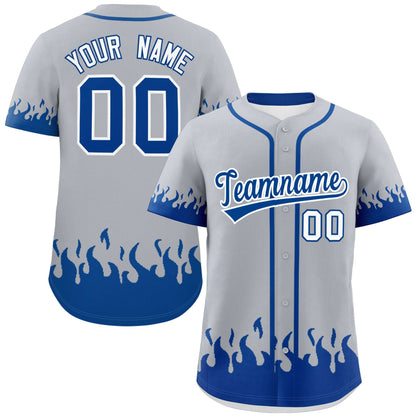 Custom Gray Royal Personalized Flame Graffiti Pattern Authentic Baseball Jersey