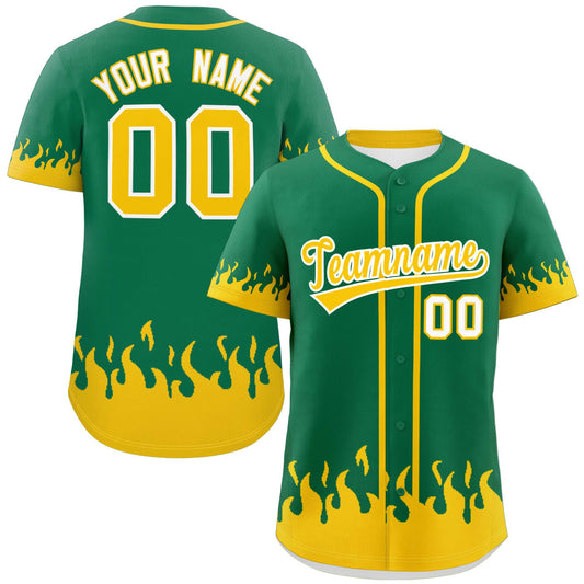 Custom Kelly Green Gold Personalized Flame Graffiti Pattern Authentic Baseball Jersey