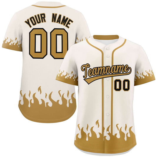 Custom Cream Old Gold Personalized Flame Graffiti Pattern Authentic Baseball Jersey