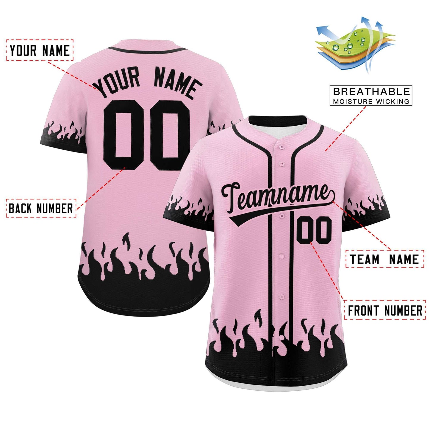 Custom Light Pink Black Personalized Flame Graffiti Pattern Authentic Baseball Jersey