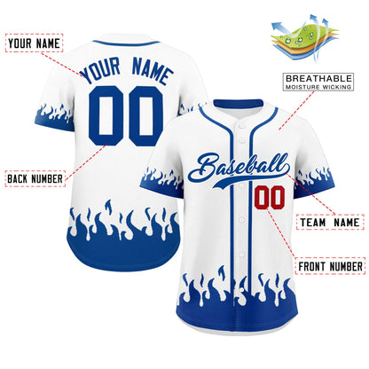 Custom White Royal Personalized Flame Graffiti Pattern Authentic Baseball Jersey