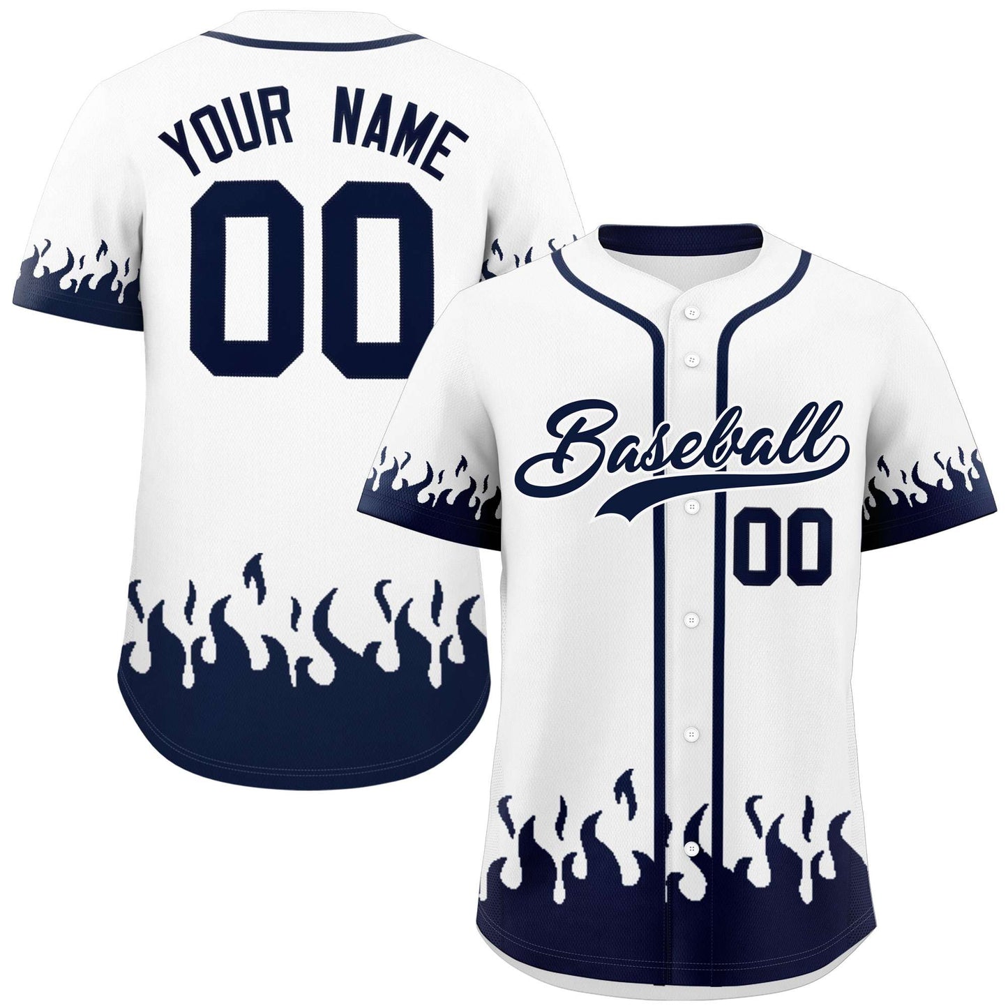 Custom White Navy Personalized Flame Graffiti Pattern Authentic Baseball Jersey