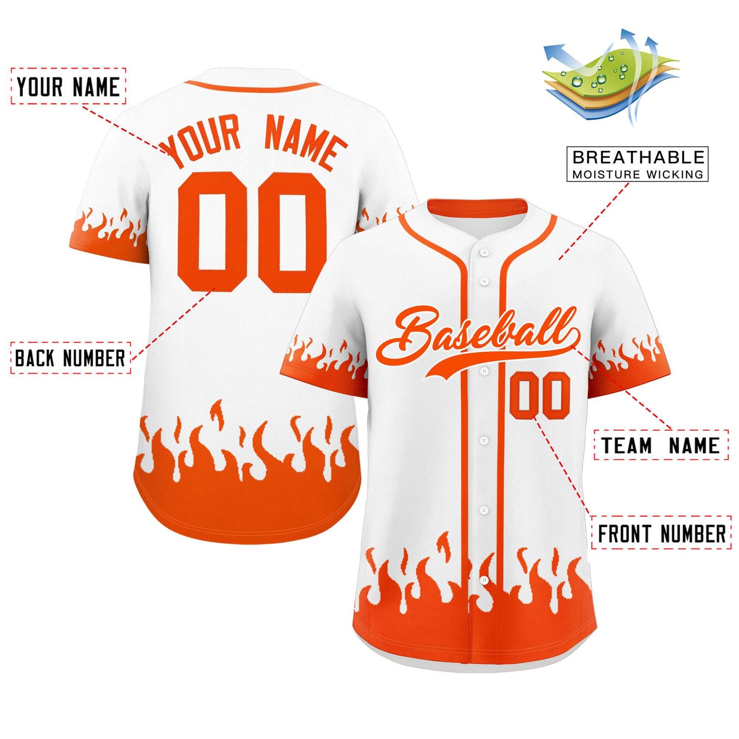 Custom White Orange Personalized Flame Graffiti Pattern Authentic Baseball Jersey