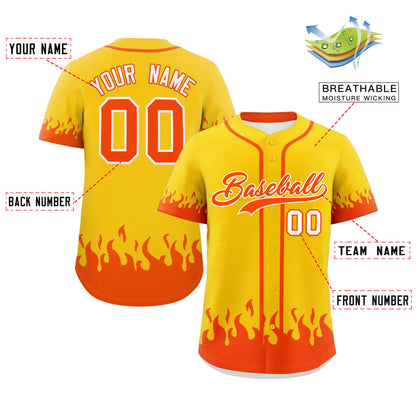 Custom Gold Orange Personalized Flame Graffiti Pattern Authentic Baseball Jersey