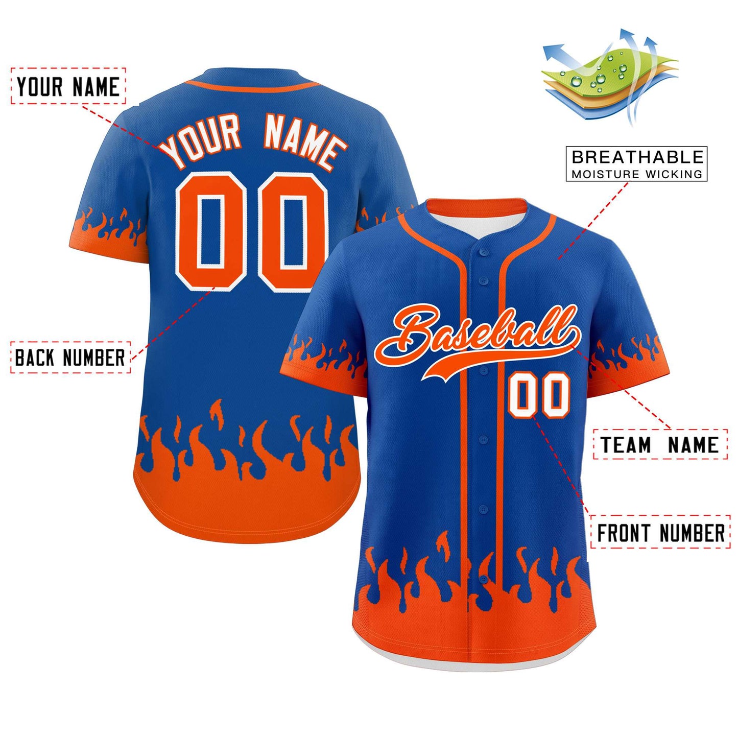 Custom Royal Orange Personalized Flame Graffiti Pattern Authentic Baseball Jersey