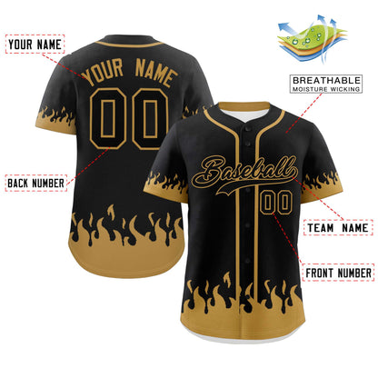 Custom Black Old Gold Personalized Flame Graffiti Pattern Authentic Baseball Jersey