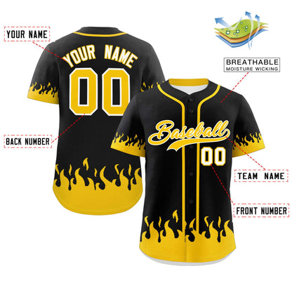 Custom Black Gold Personalized Flame Graffiti Pattern Authentic Baseball Jersey