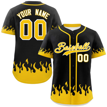 Custom Black Gold Personalized Flame Graffiti Pattern Authentic Baseball Jersey