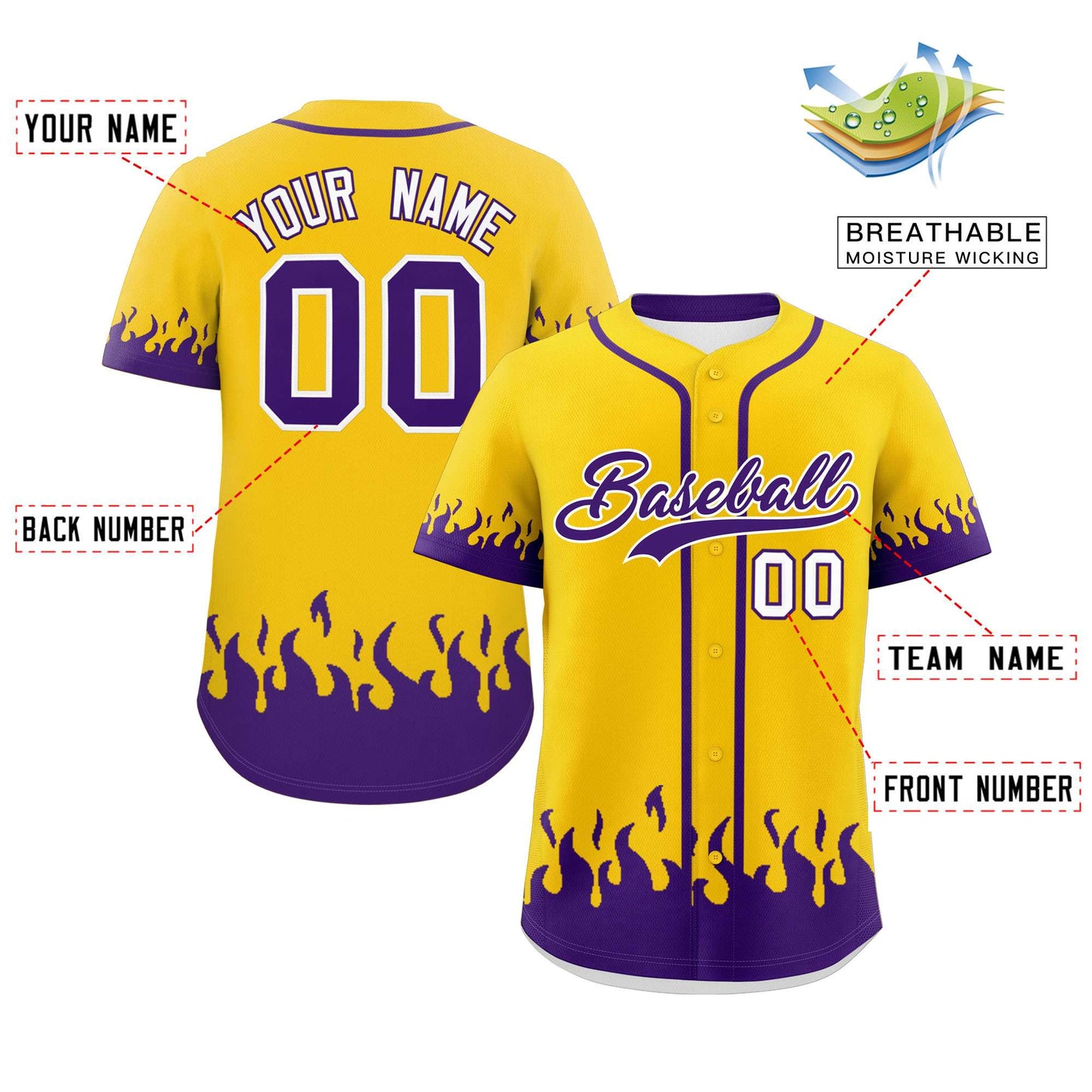 Custom Gold Purple Personalized Flame Graffiti Pattern Authentic Baseball Jersey