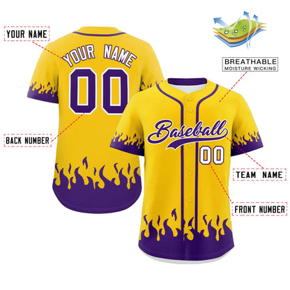 Custom Gold Purple Personalized Flame Graffiti Pattern Authentic Baseball Jersey