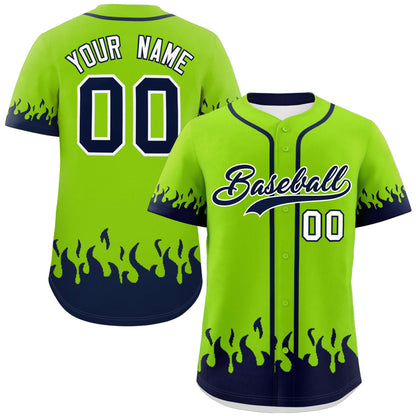 Custom Neon Green Navy Personalized Flame Graffiti Pattern Authentic Baseball Jersey