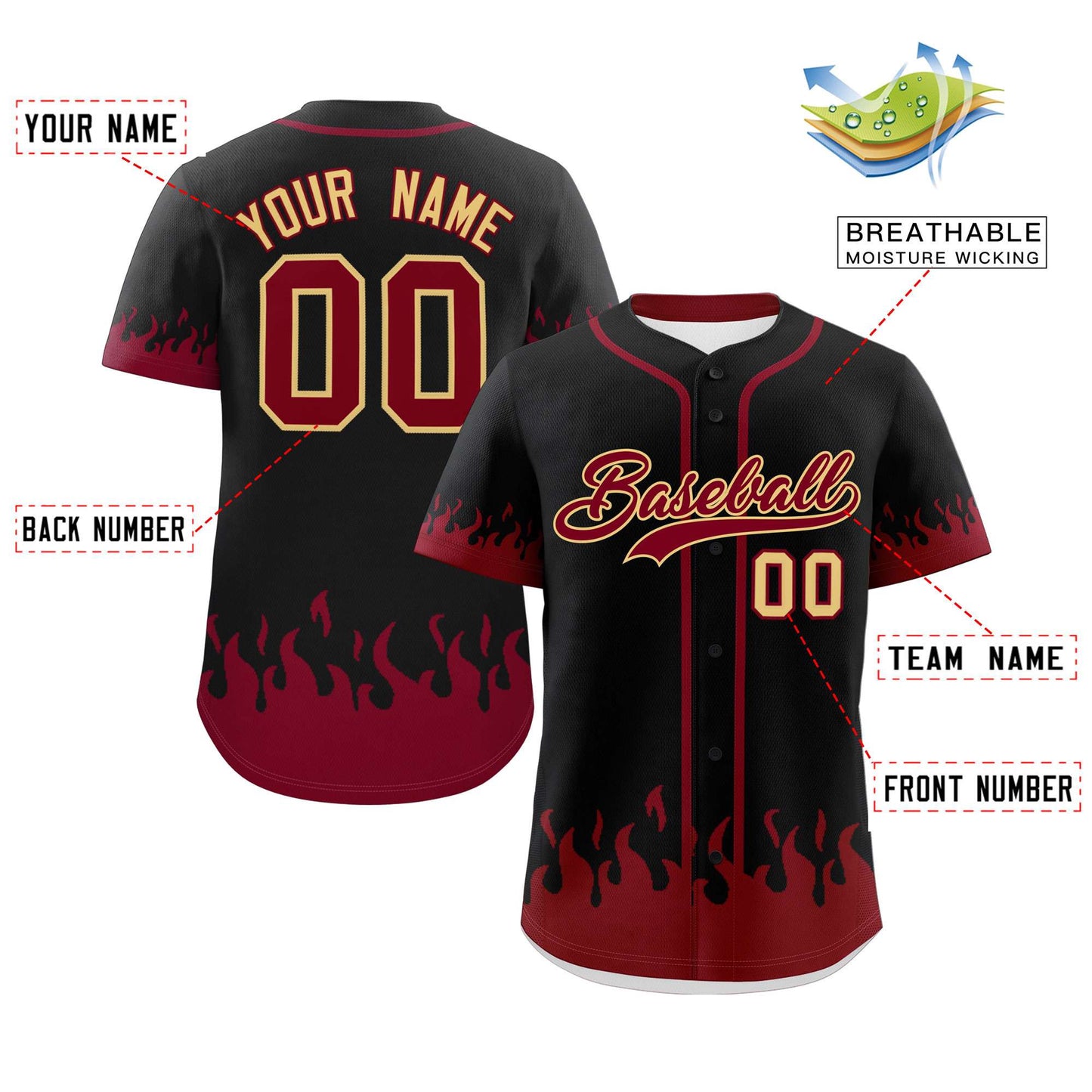 Custom Black Crimson Personalized Flame Graffiti Pattern Authentic Baseball Jersey