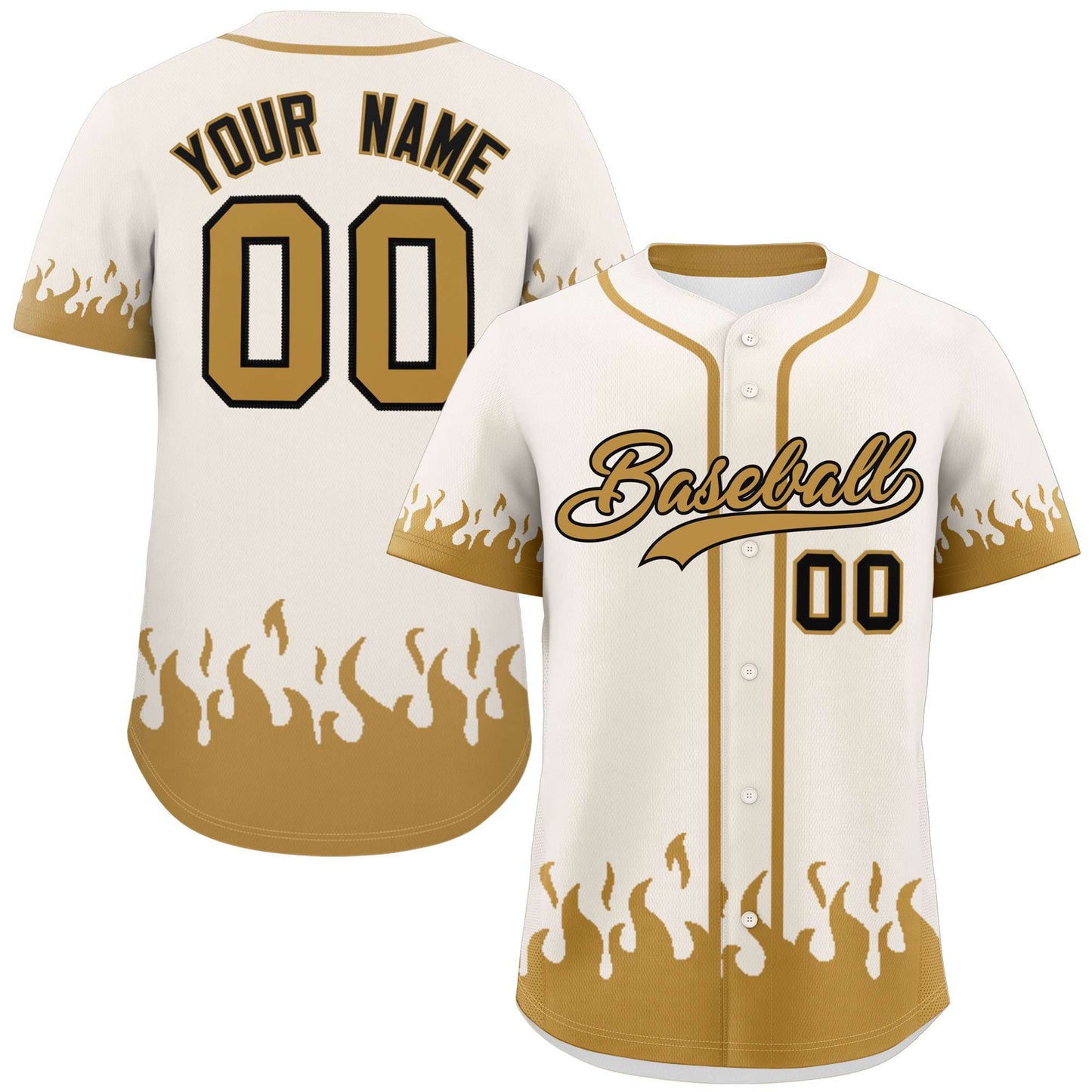 Custom Cream Old Gold Personalized Flame Graffiti Pattern Authentic Baseball Jersey