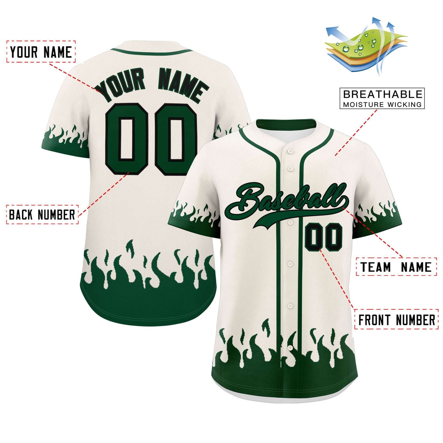 Custom Cream Green Personalized Flame Graffiti Pattern Authentic Baseball Jersey