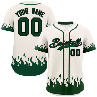 Custom Cream Green Personalized Flame Graffiti Pattern Authentic Baseball Jersey