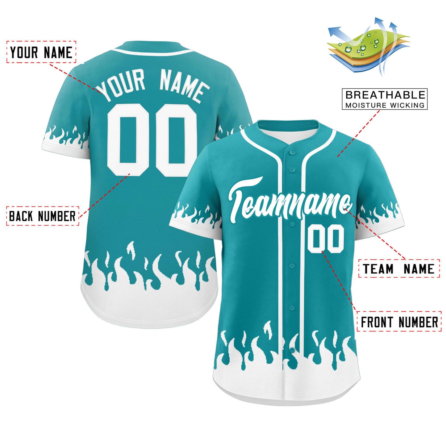 Custom Aqua White Personalized Flame Graffiti Pattern Authentic Baseball Jersey