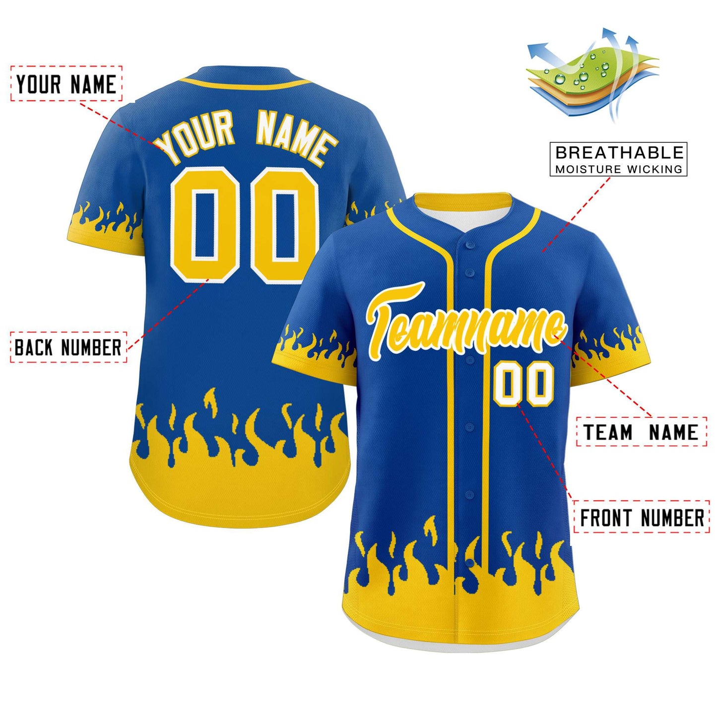 Custom Royal Gold Personalized Flame Graffiti Pattern Authentic Baseball Jersey