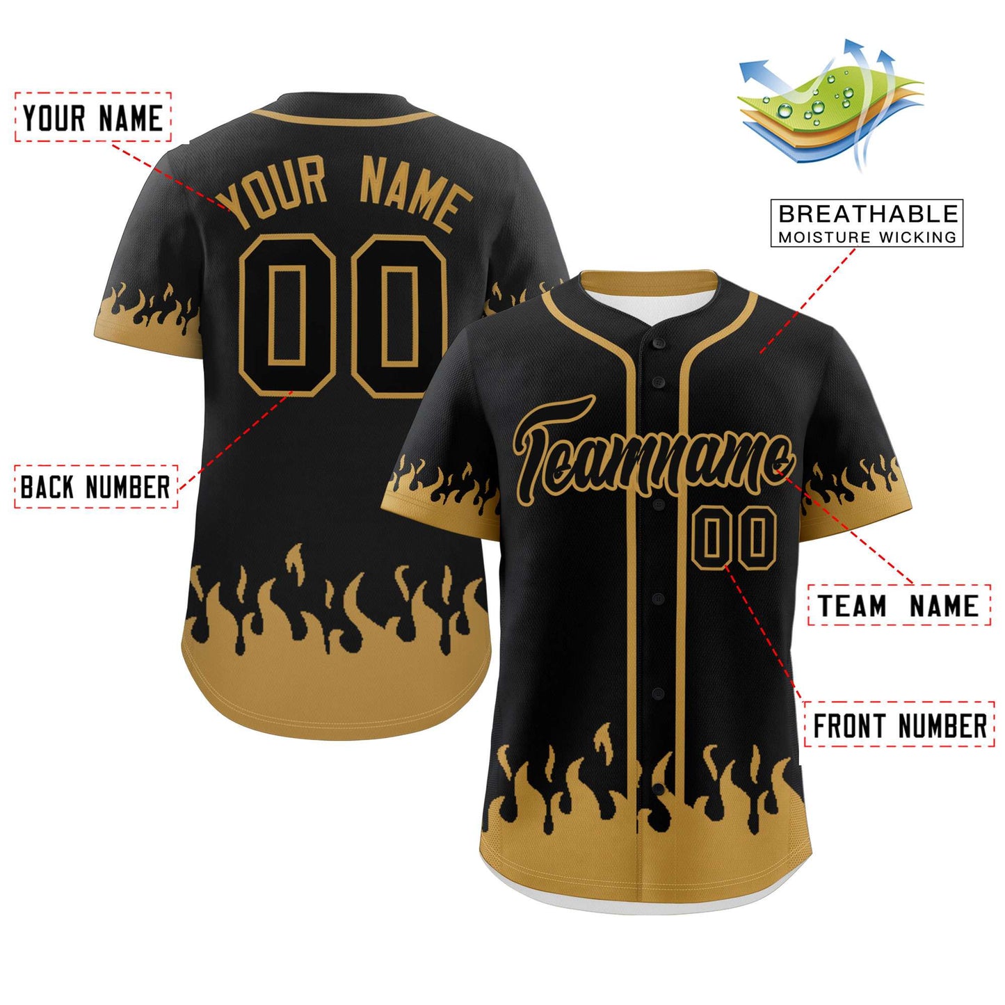 Custom Black Old Gold Personalized Flame Graffiti Pattern Authentic Baseball Jersey