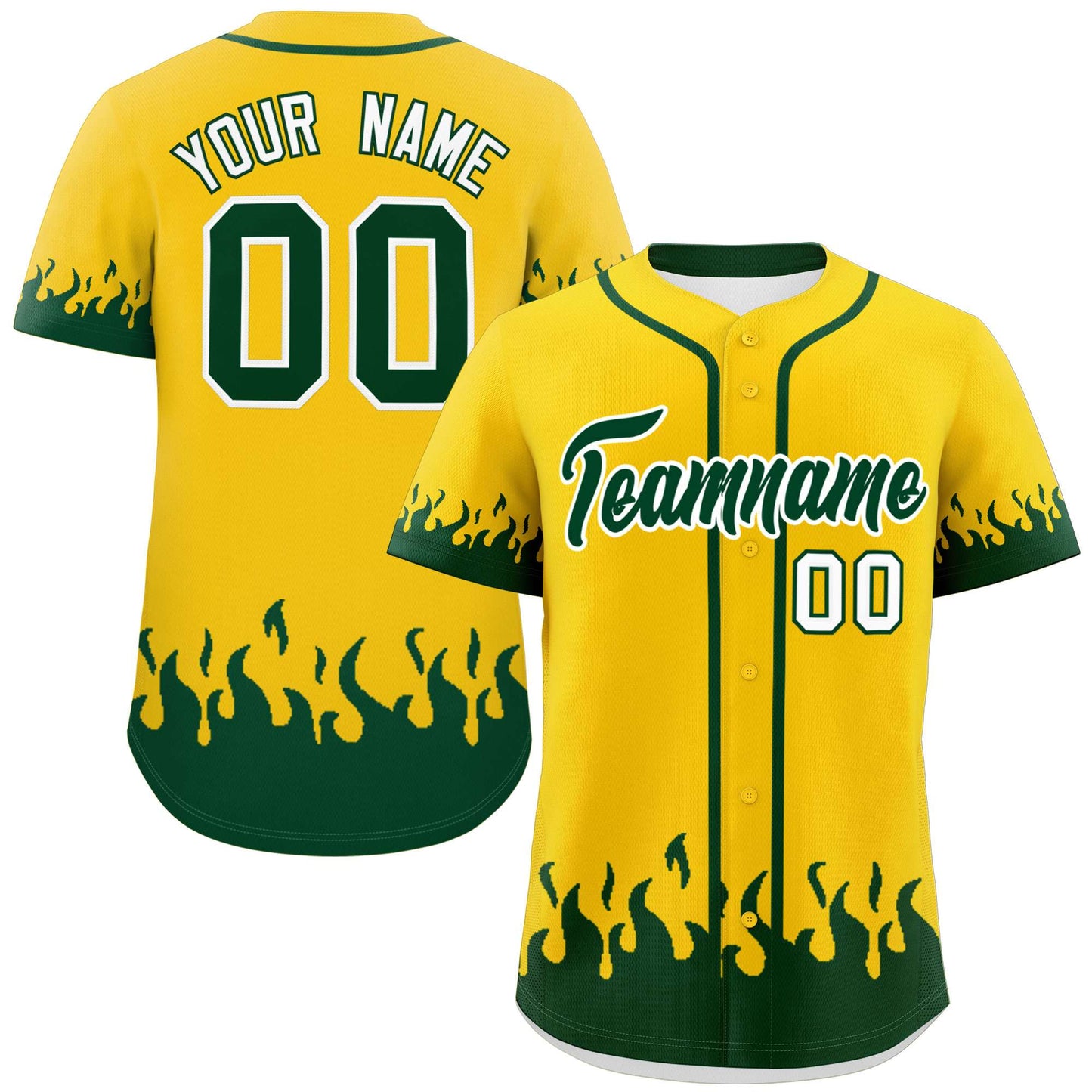 Custom Gold Green Personalized Flame Graffiti Pattern Authentic Baseball Jersey