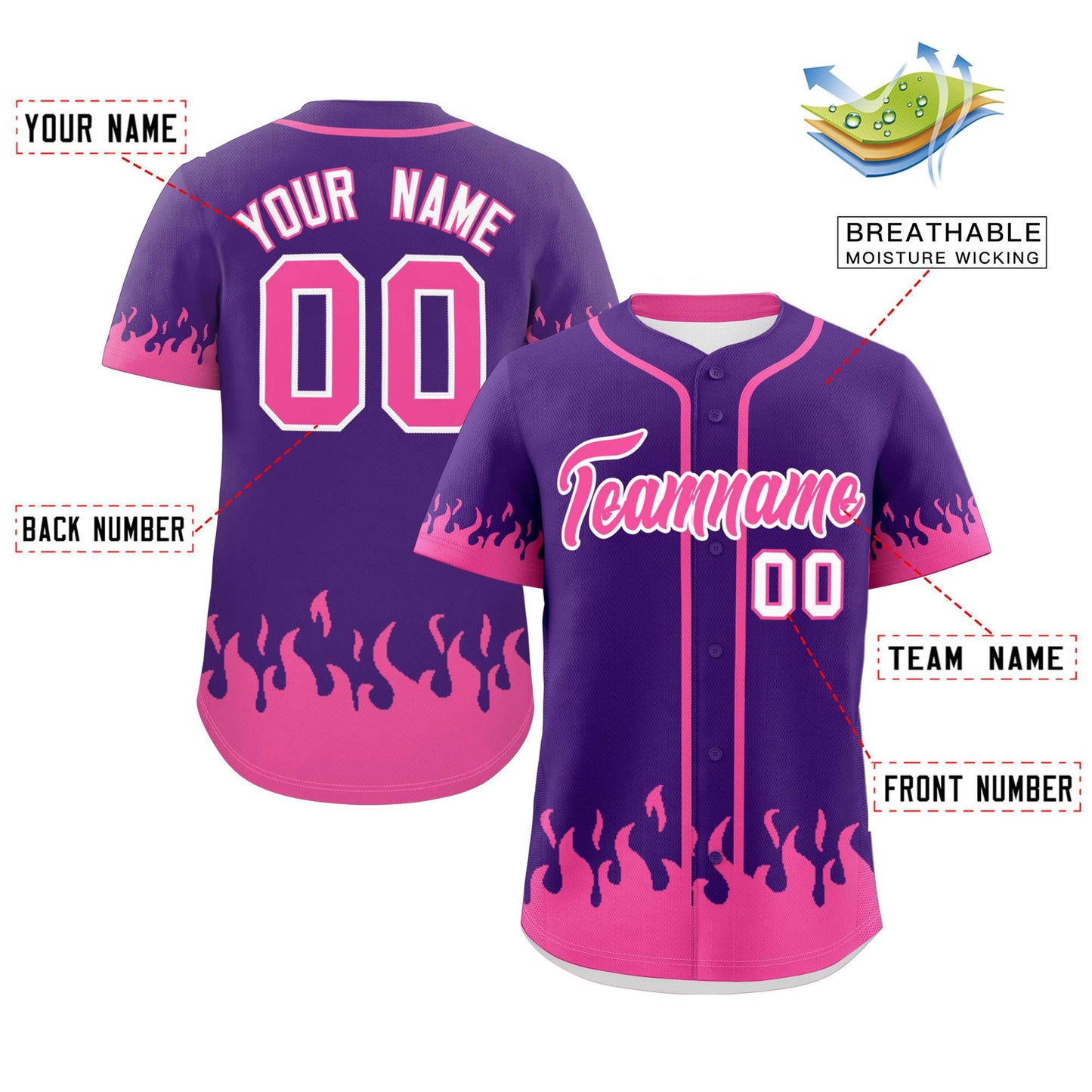 Custom Purple Pink Personalized Flame Graffiti Pattern Authentic Baseball Jersey