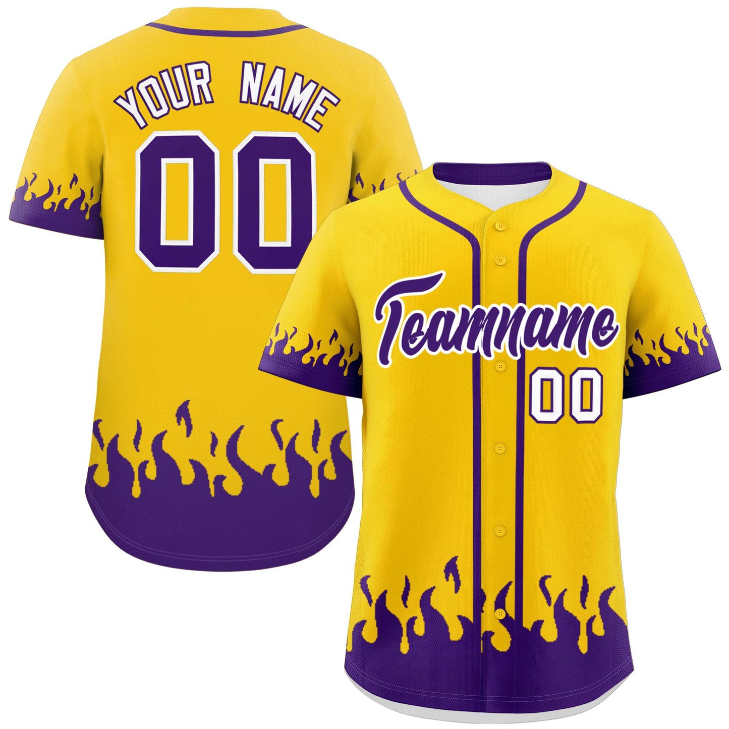 Custom Gold Purple Personalized Flame Graffiti Pattern Authentic Baseball Jersey