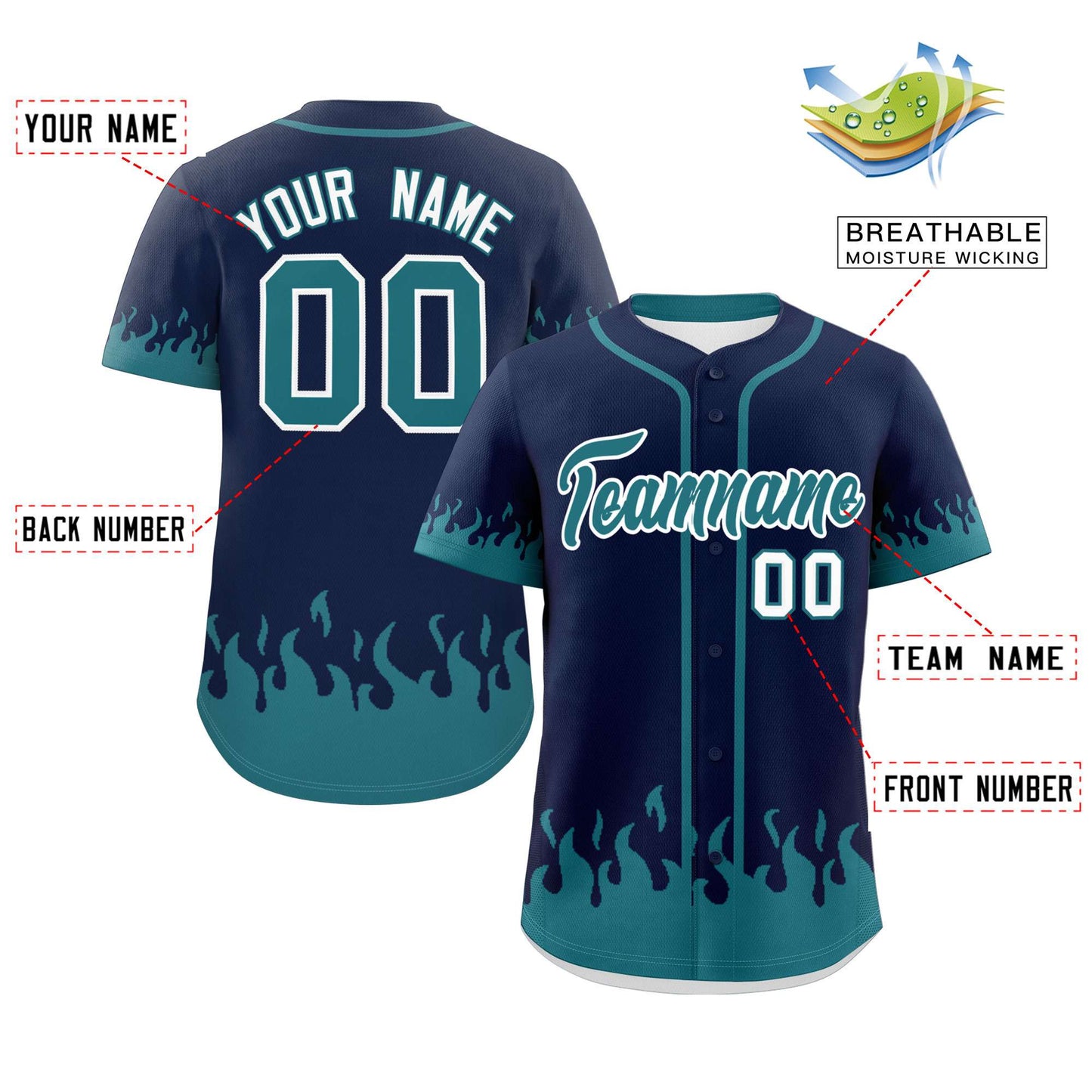 Custom Navy Aqua Personalized Flame Graffiti Pattern Authentic Baseball Jersey