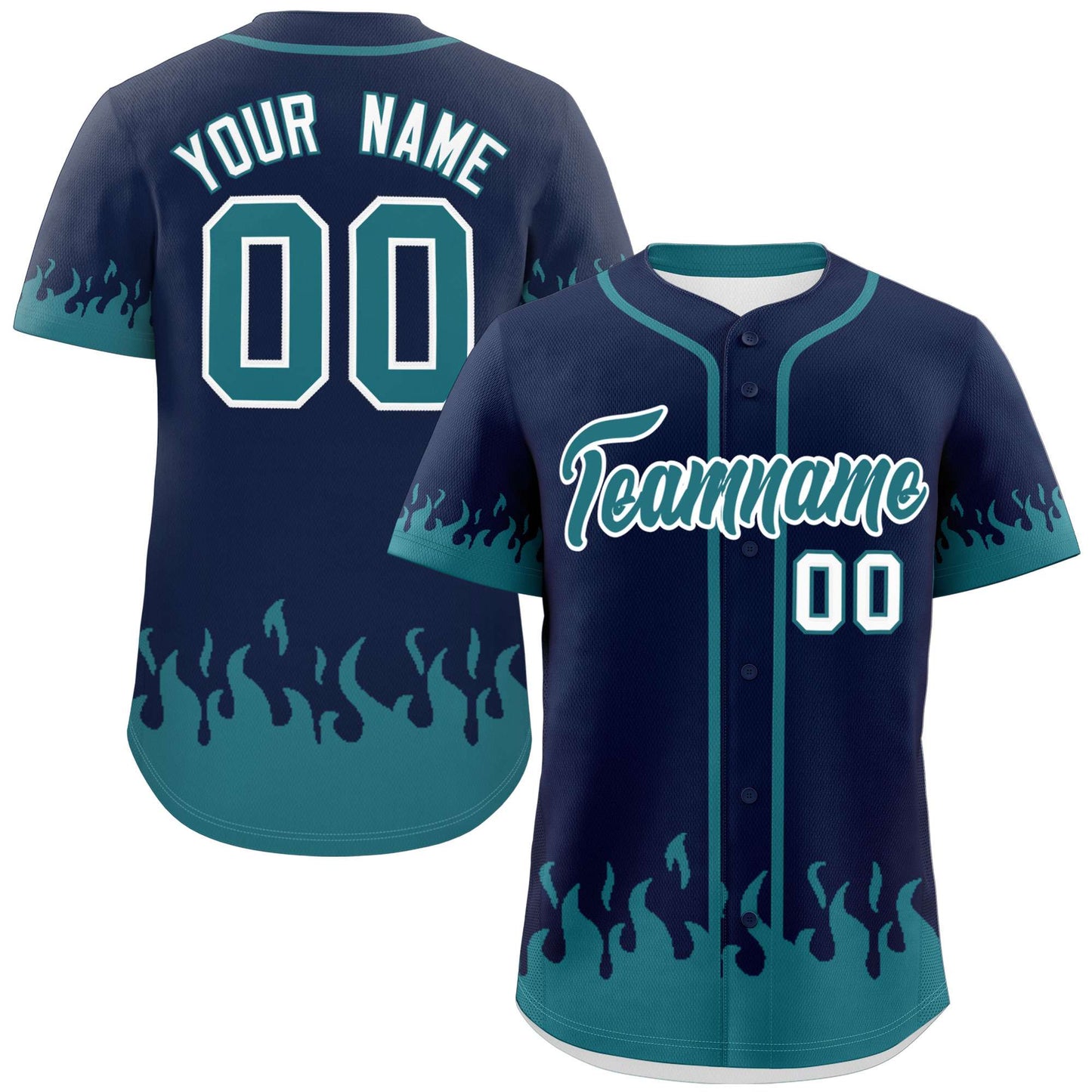 Custom Navy Aqua Personalized Flame Graffiti Pattern Authentic Baseball Jersey