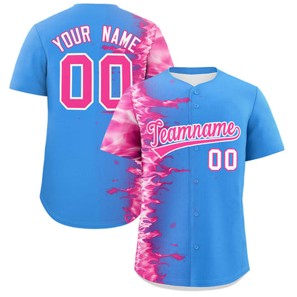 Custom Powder Blue Personalized 3D Flame Design Authentic Baseball Jersey