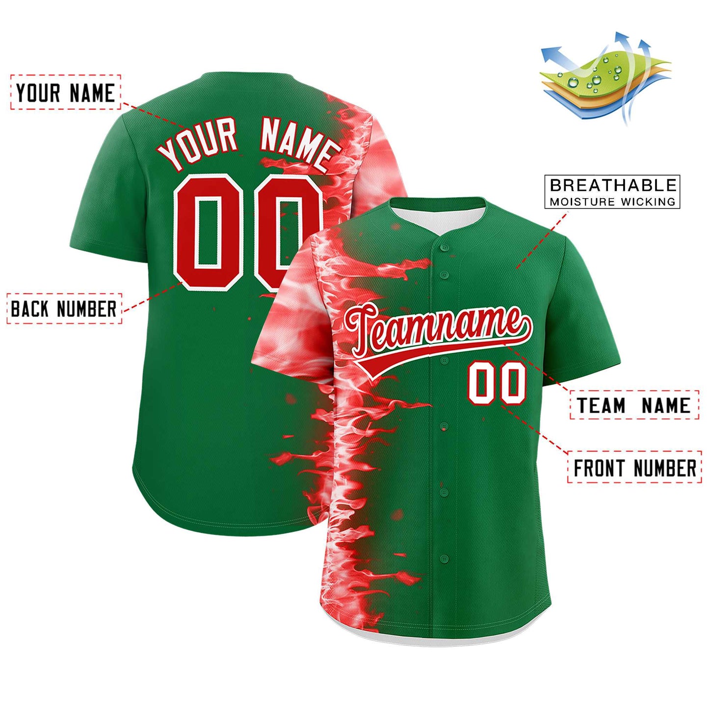 Custom Kelly Green Personalized 3D Flame Design Authentic Baseball Jersey