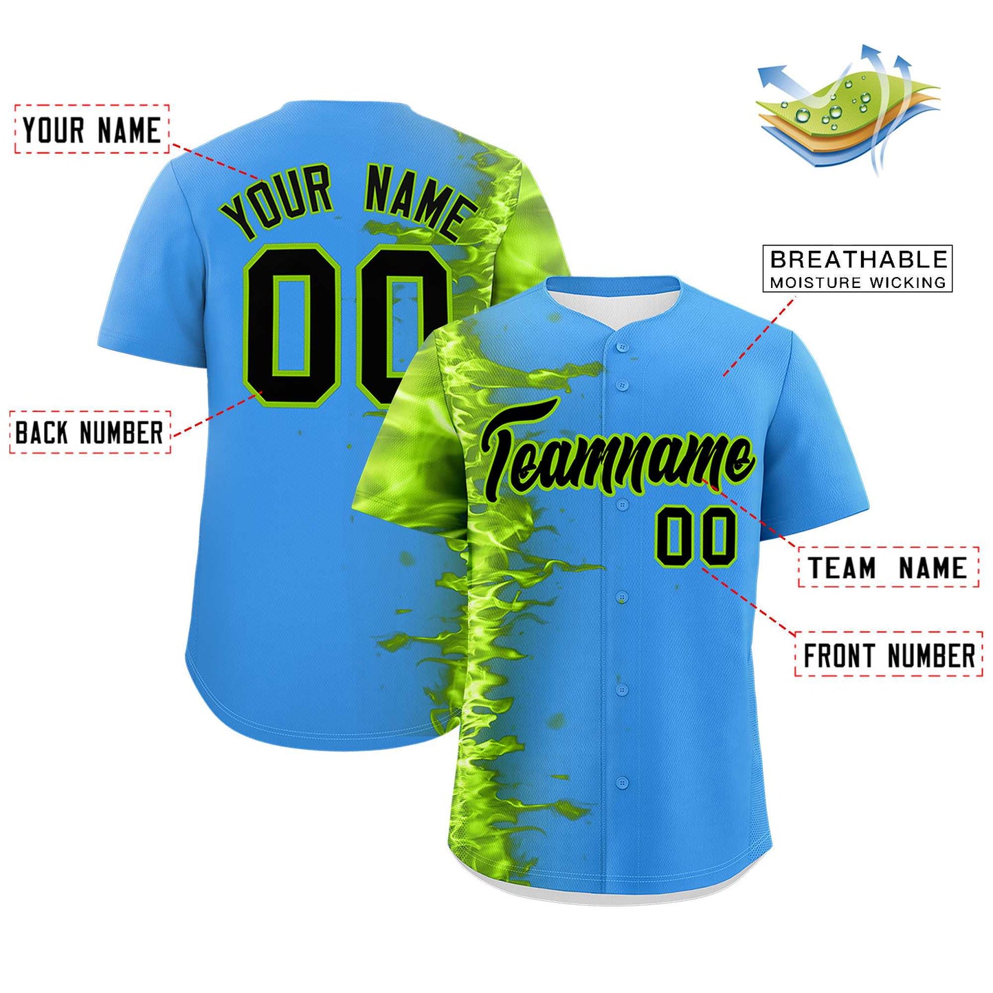 Custom Powder Blue Personalized 3D Flame Design Authentic Baseball Jersey