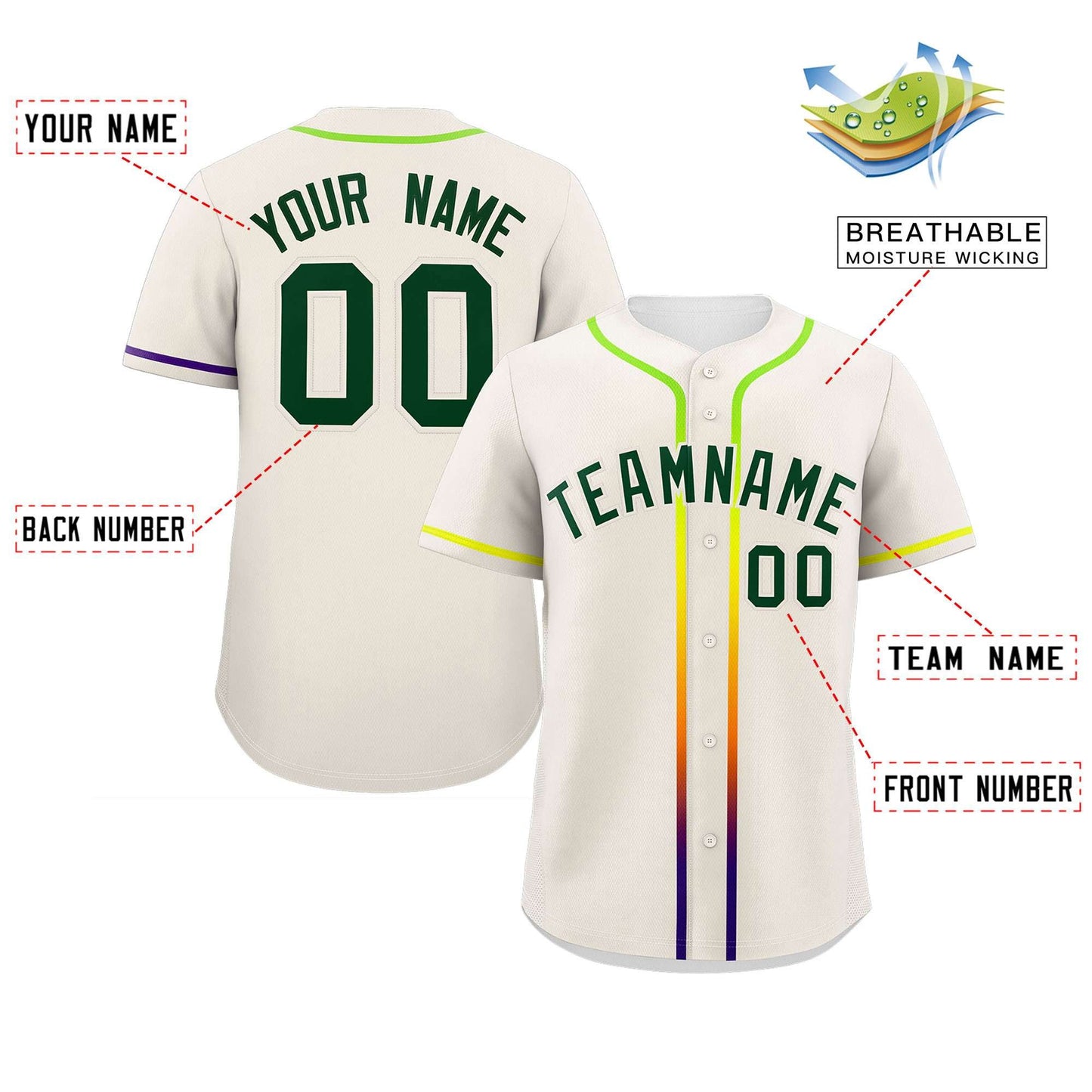 Custom Cream Green Personalized Gradient Ribbed Design Authentic Baseball Jersey