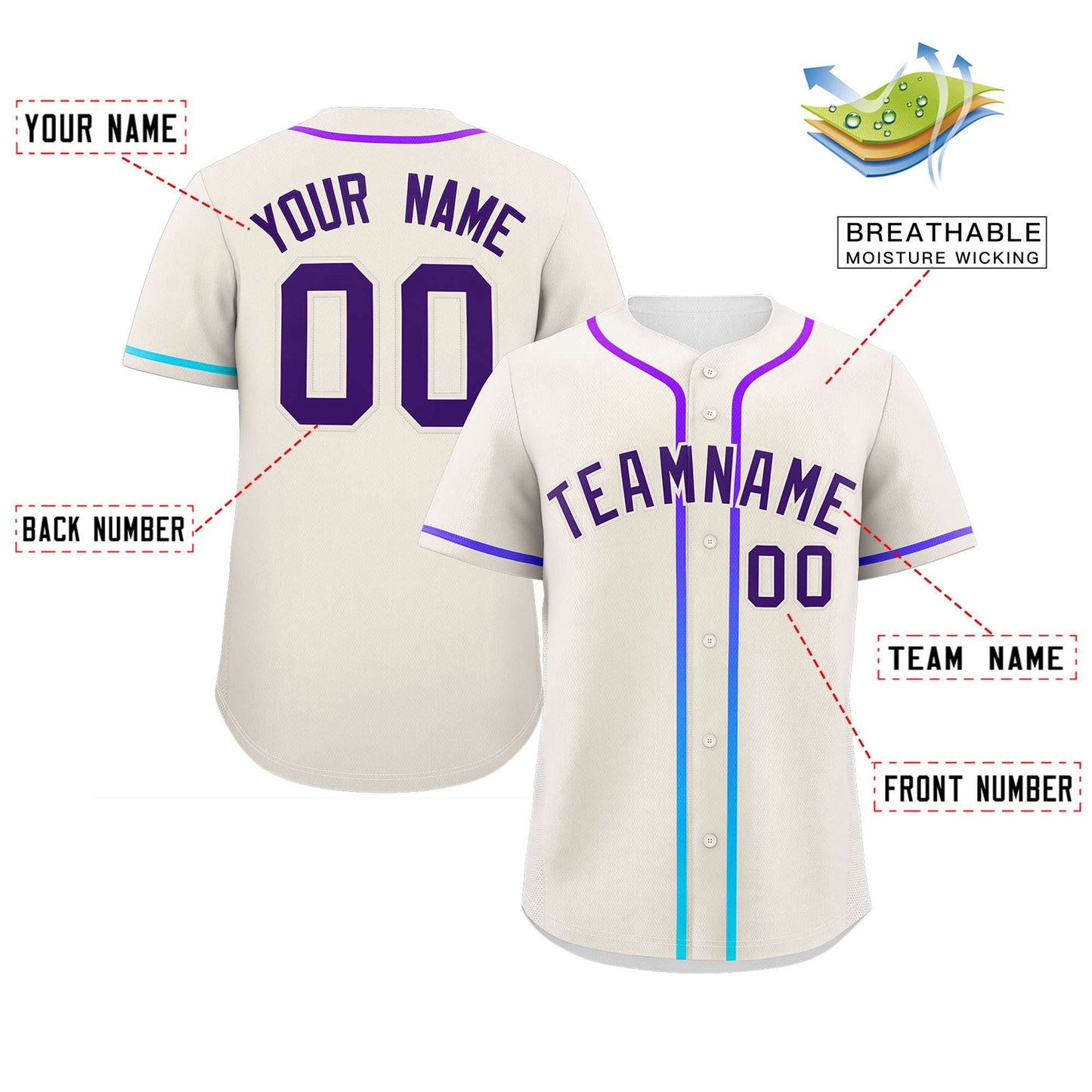 Custom Cream Purple Personalized Gradient Ribbed Design Authentic Baseball Jersey