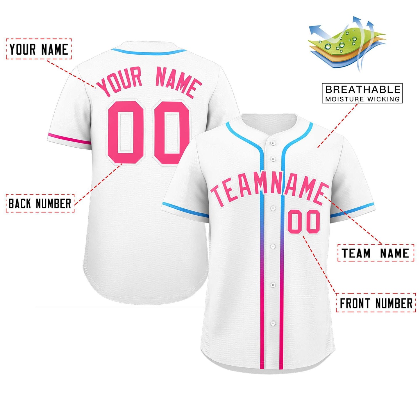 Custom White Pink Personalized Gradient Ribbed Design Authentic Baseball Jersey