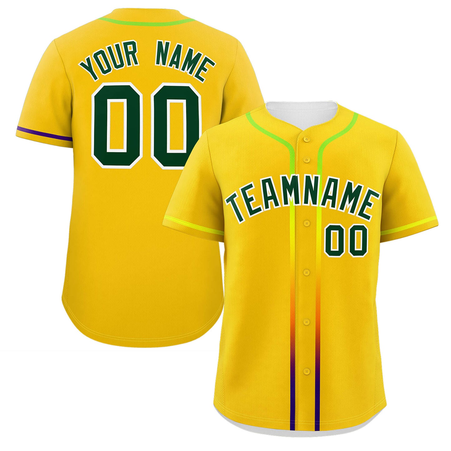 Custom Gold Green Personalized Gradient Ribbed Design Authentic Baseball Jersey