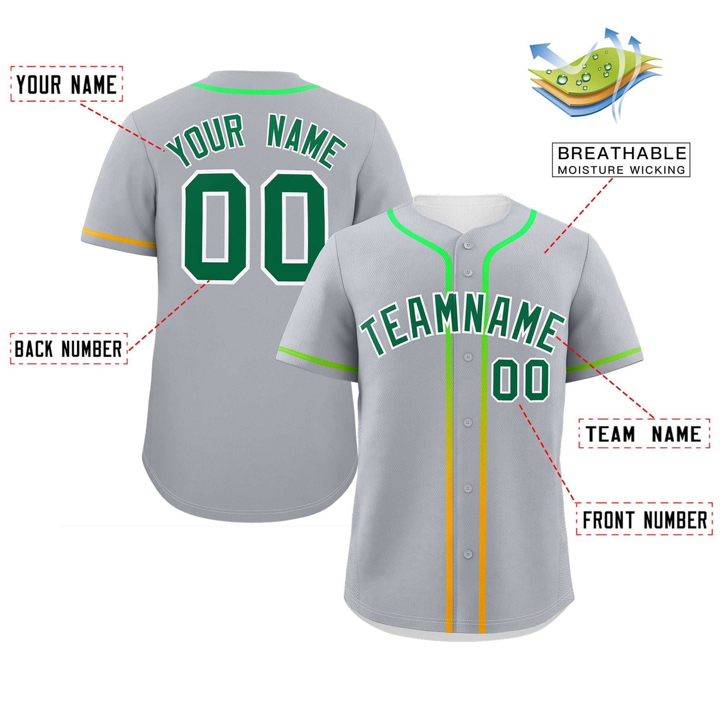 Custom Light Gray Kelly Green Personalized Gradient Ribbed Design Authentic Baseball Jersey